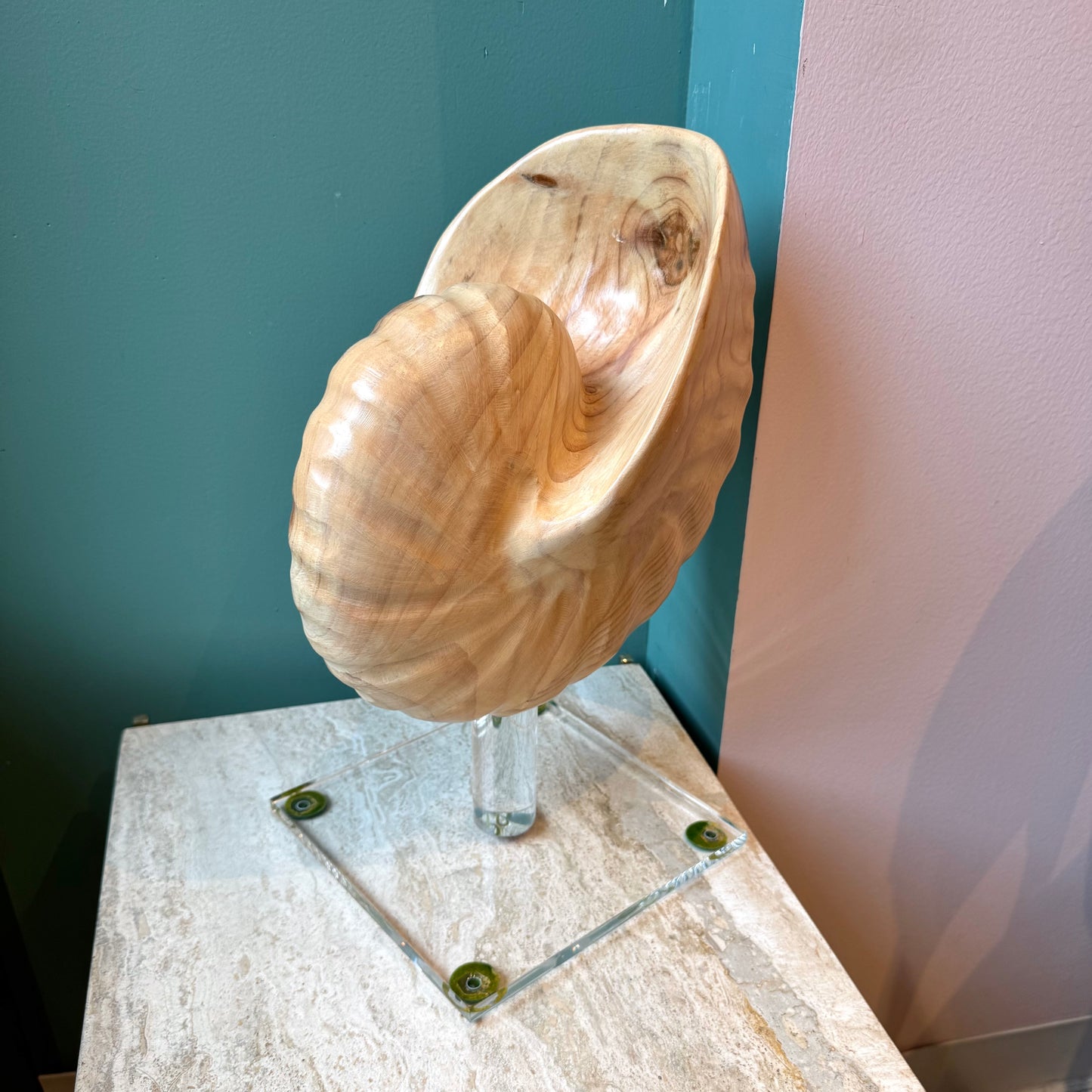 Vintage Carved Wooden Nautilus Shell on Lucite Stand