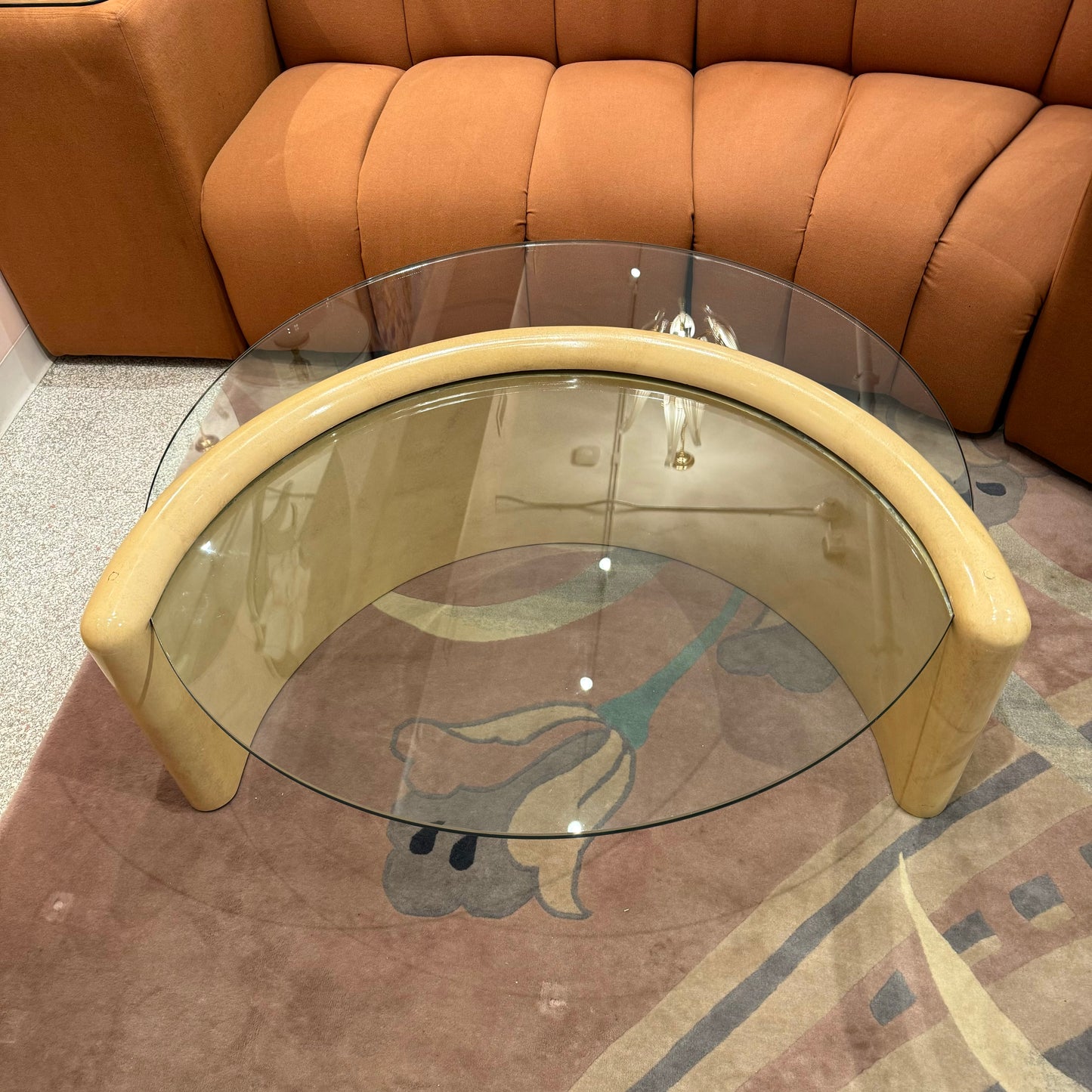 Vintage Round Coffee Table with Half Moon Faux Goatskin Base