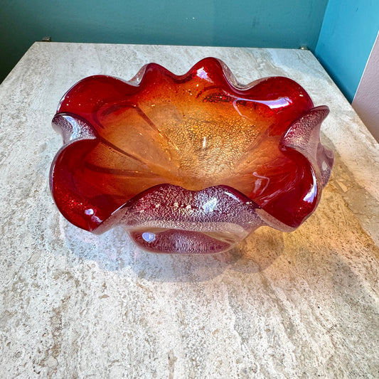 Vintage Red and Silver Leaf Murano Glass Bowl