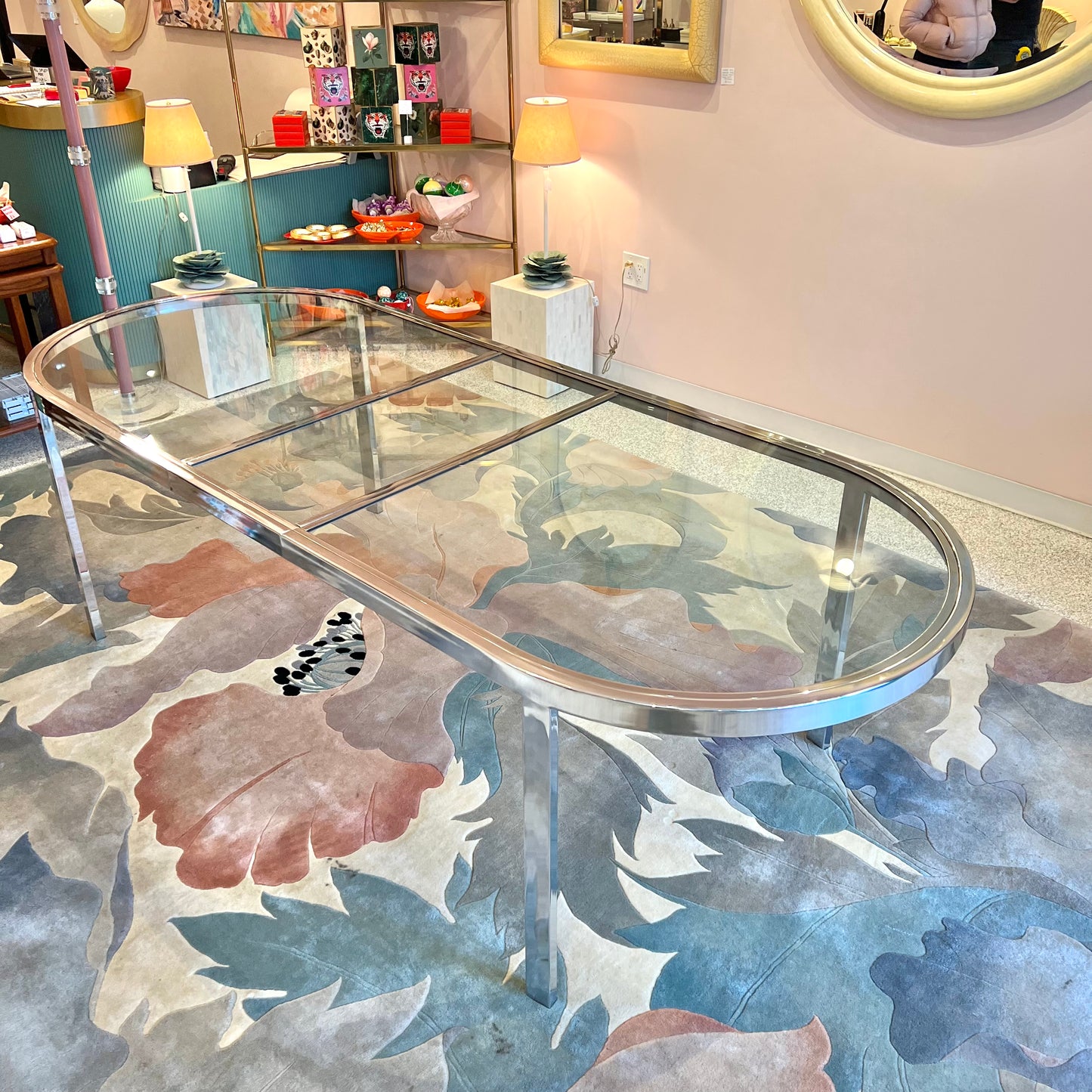 1980's Extendable Chrome and Glass Oval Dining Table by Design Instititute of America