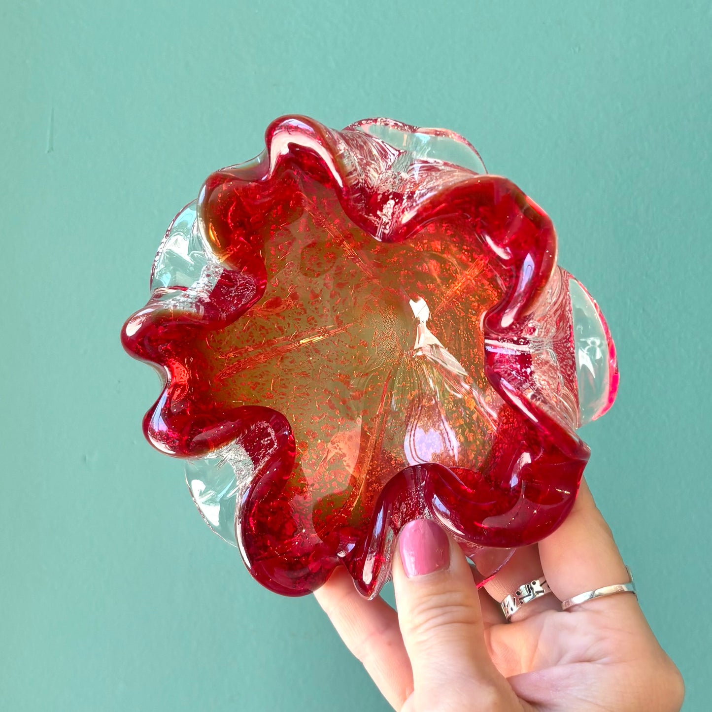Vintage Red and Silver Leaf Murano Glass Bowl