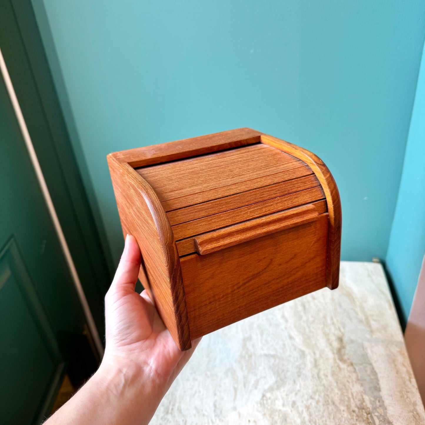 Vintage Teak Roll Top Desk Organizer