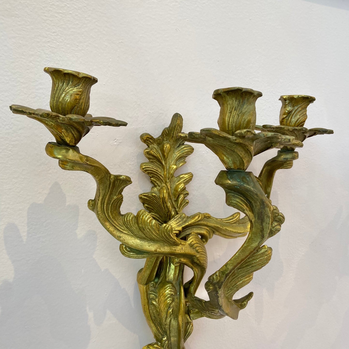Pair of Antique Louis XV Rococo Style Brass 3 Arm Candle Sconces