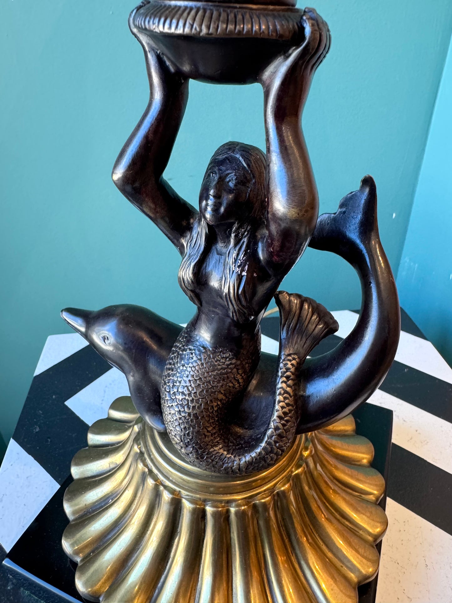 Vintage Mermaid and Dolphin Brass and Bronze Table Lamp with Shade