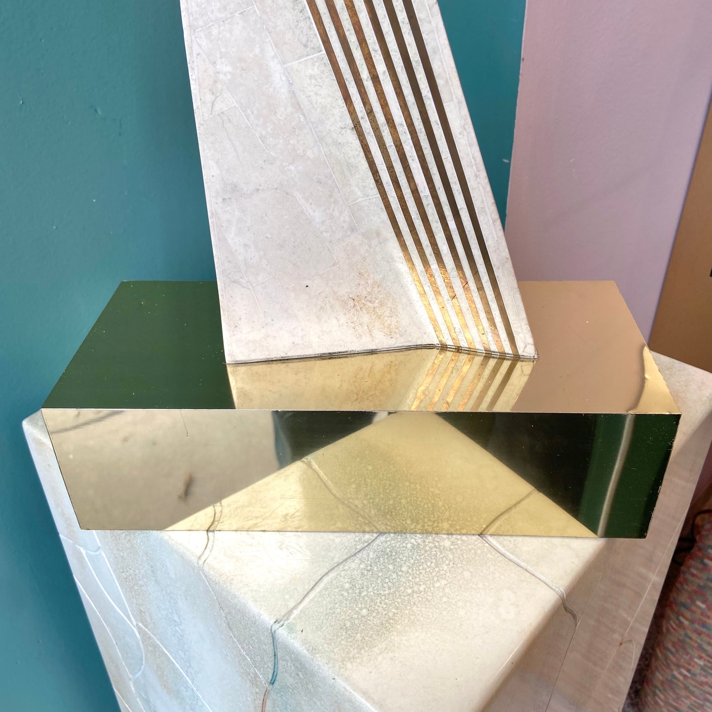 Vintage Tessellated Stone and Brass Inlay Sculpture