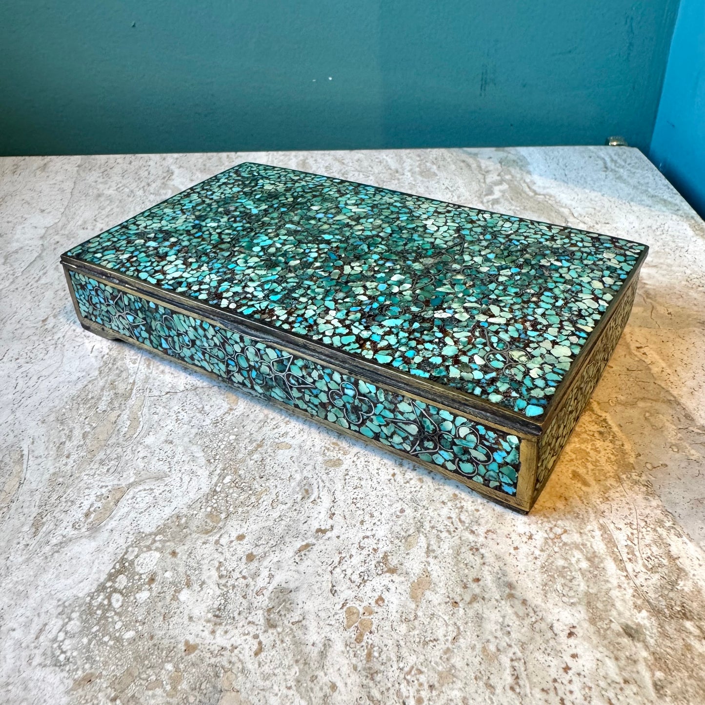 Antique Brass Box with Mosaic Turquoise Stone Design