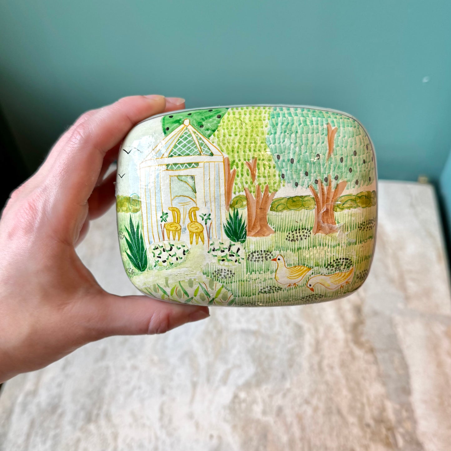 Vintage Papier Mache Garden Scene Trinket Box