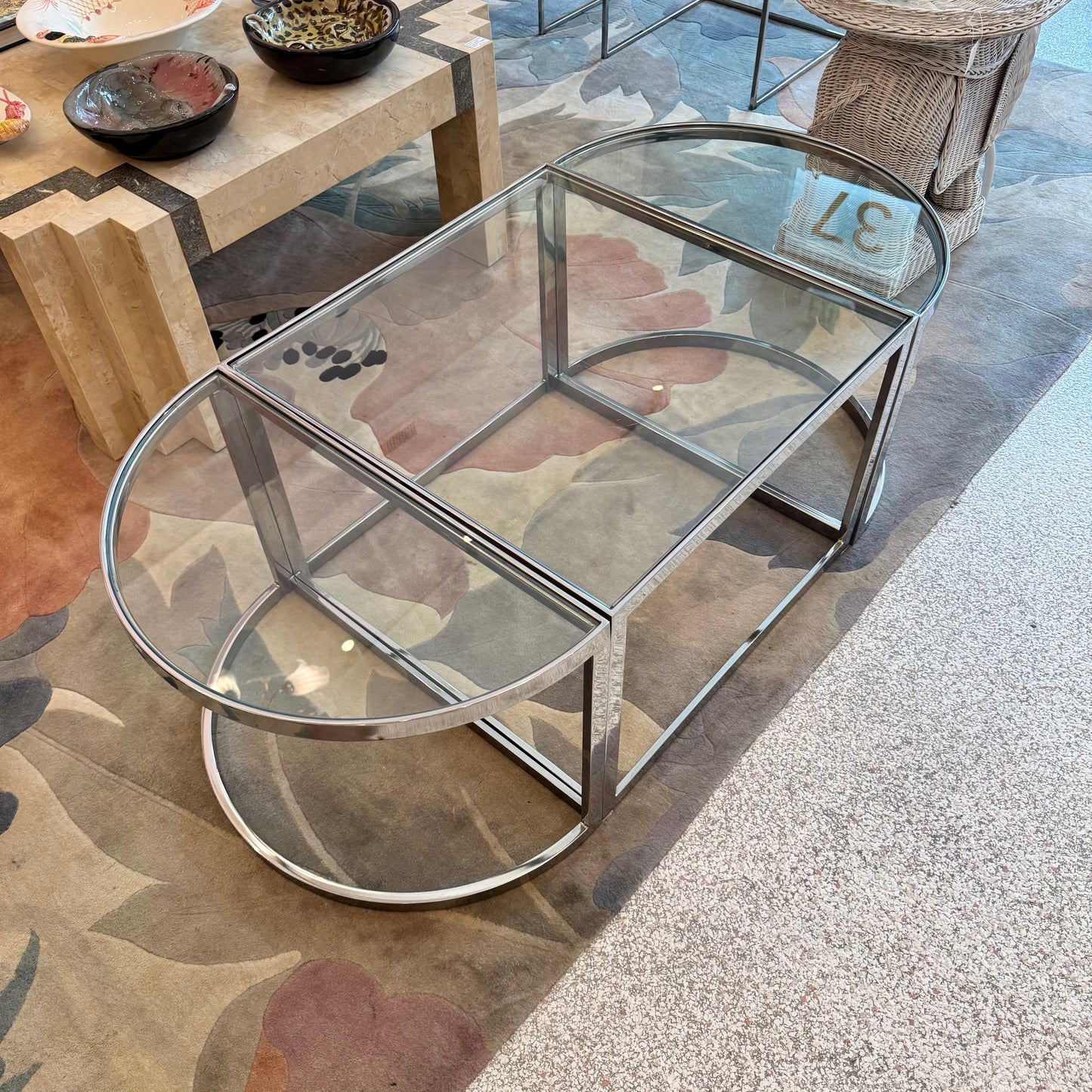 Vintage Three Piece Chrome and Glass Coffee Table