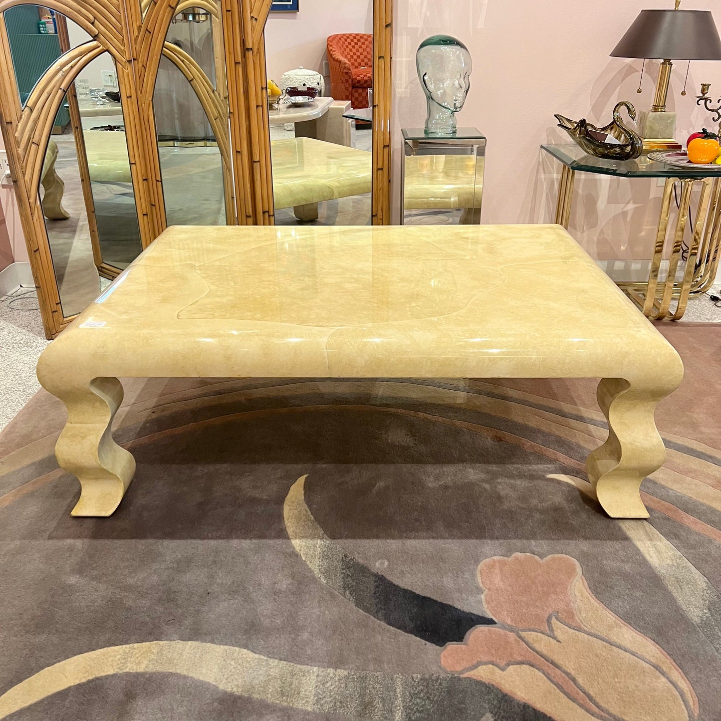 Vintage Faux Goatskin Lacquer Wavy Leg Coffee Table