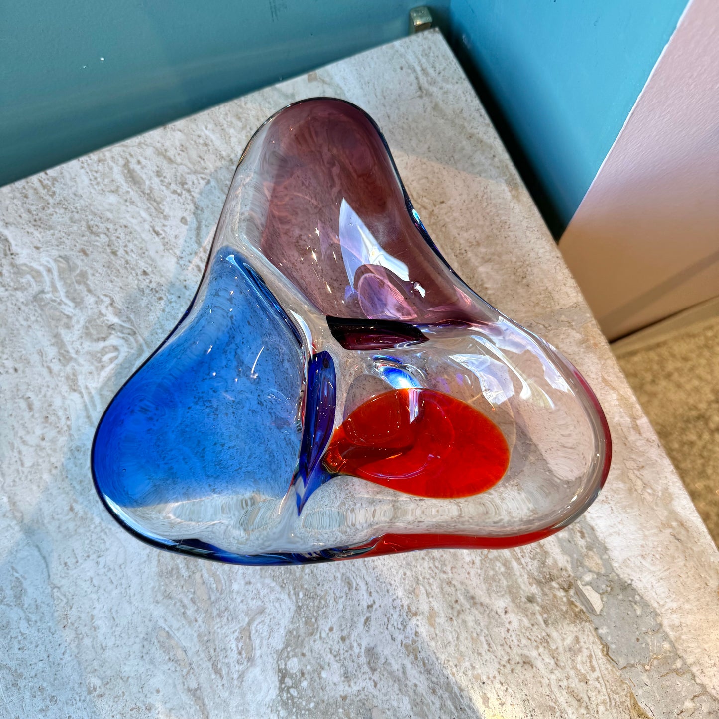 Vintage Hand Blown Three Compartment Art Glass Bowl