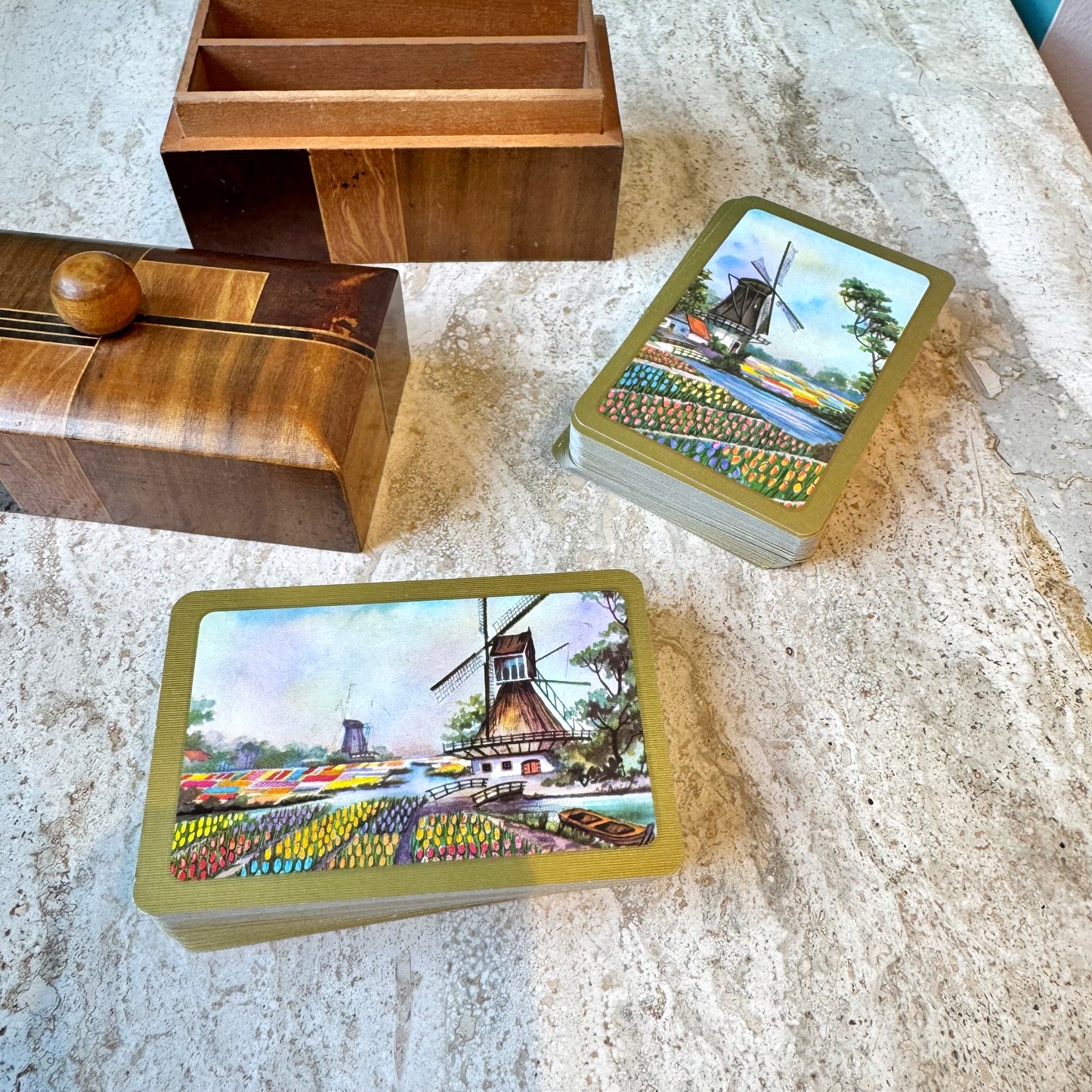 Vintage Wood Inlay Playing Card Box