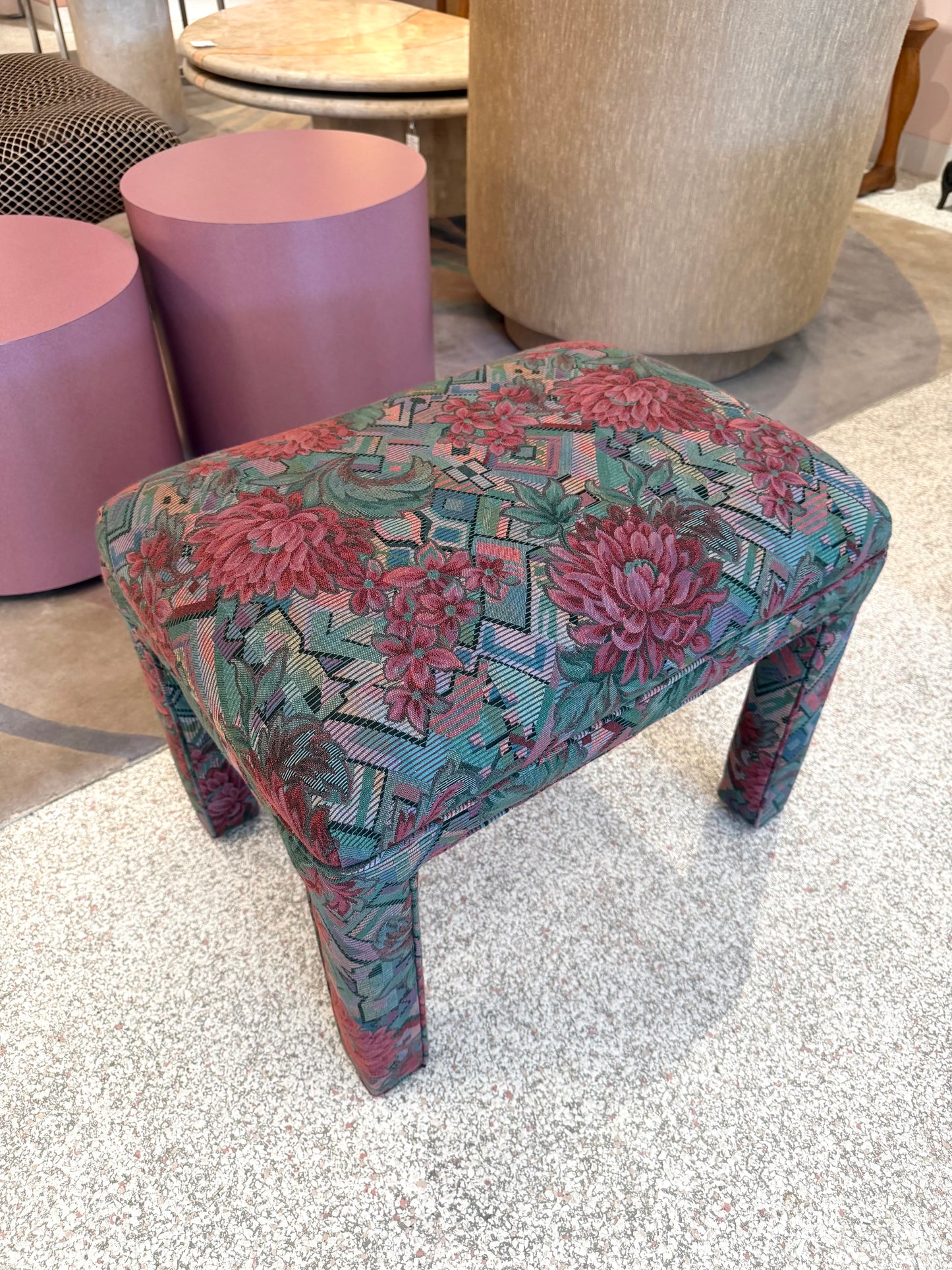 Vintage 1980’s Graphic Floral Upholstered Parson’s Ottoman Bench