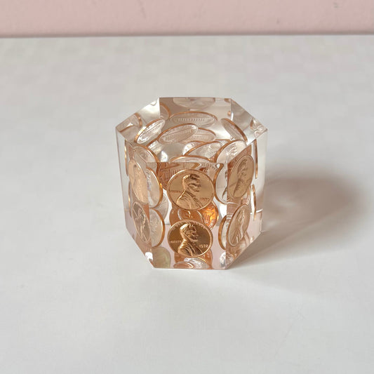 Vintage 1972 Hexagonal Lucite Penny Paperweight
