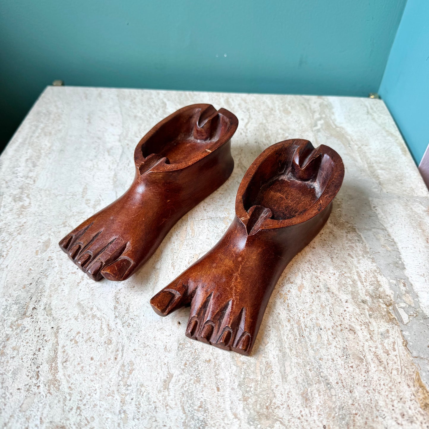Pair of 1970’s Hand Carved Wooden Feet Ashtrays