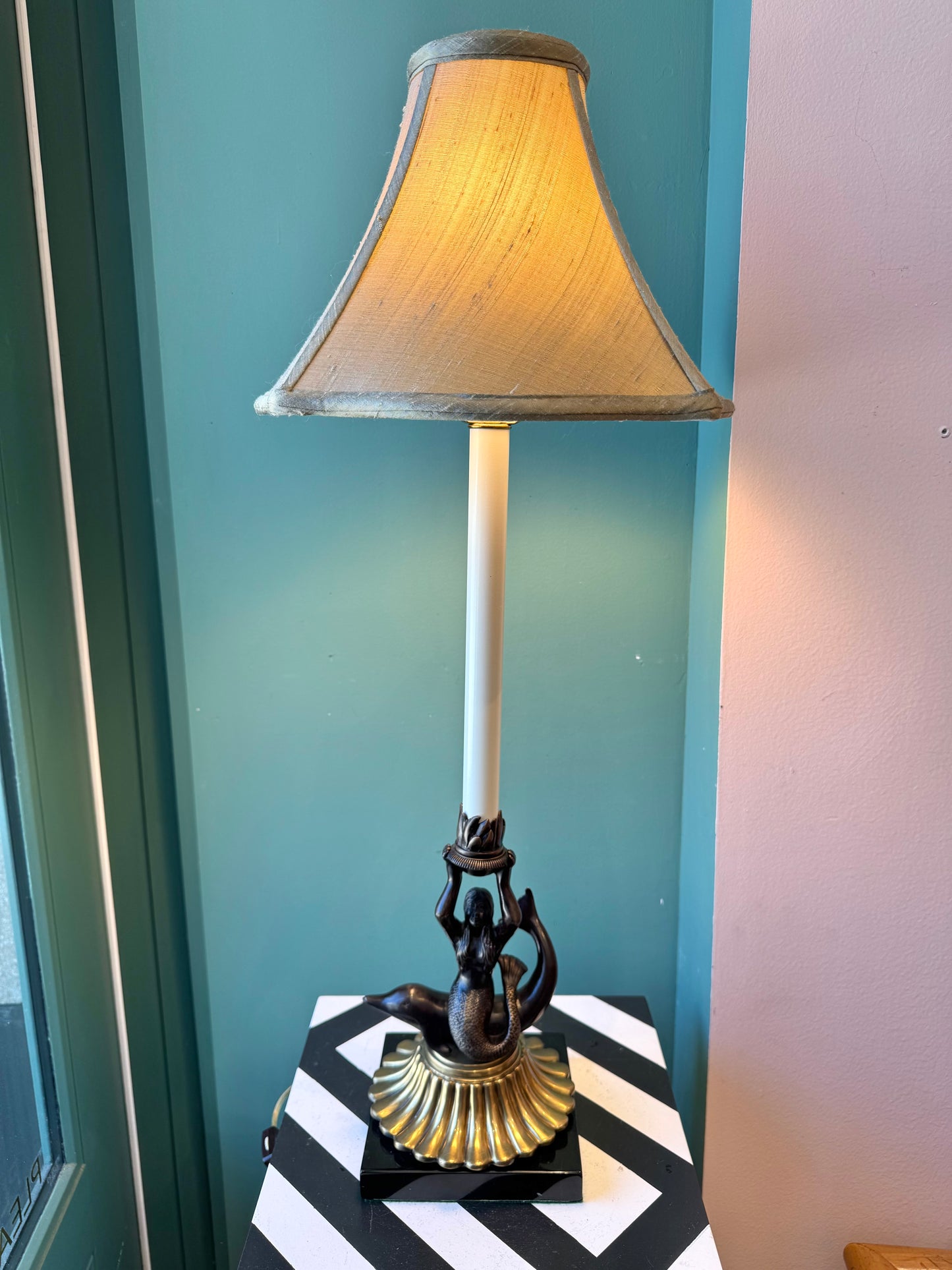 Vintage Mermaid and Dolphin Brass and Bronze Table Lamp with Shade
