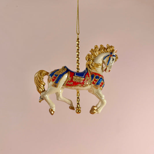 Resin White, Blue and Red Carousel Horse Ornament