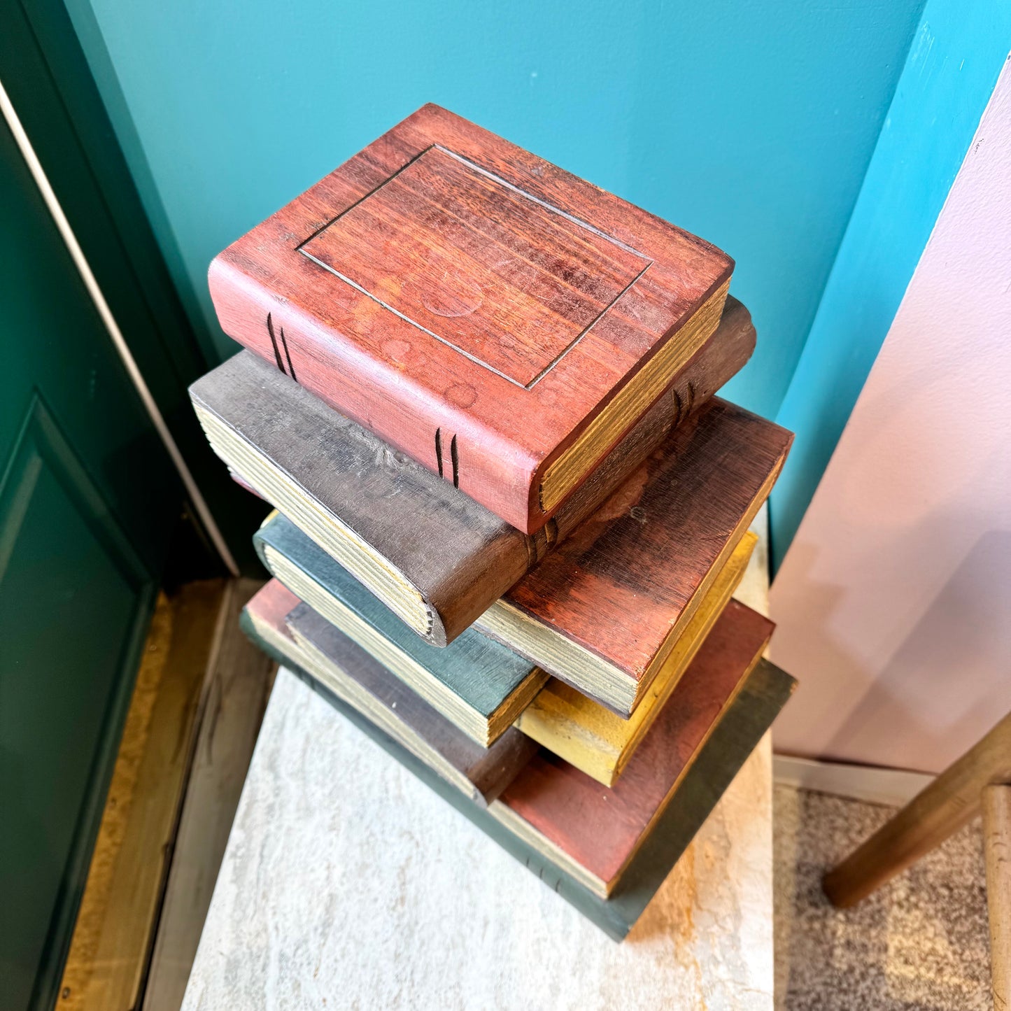 Vintage Maitland Smith Style Wooden Stacked Books Side Table