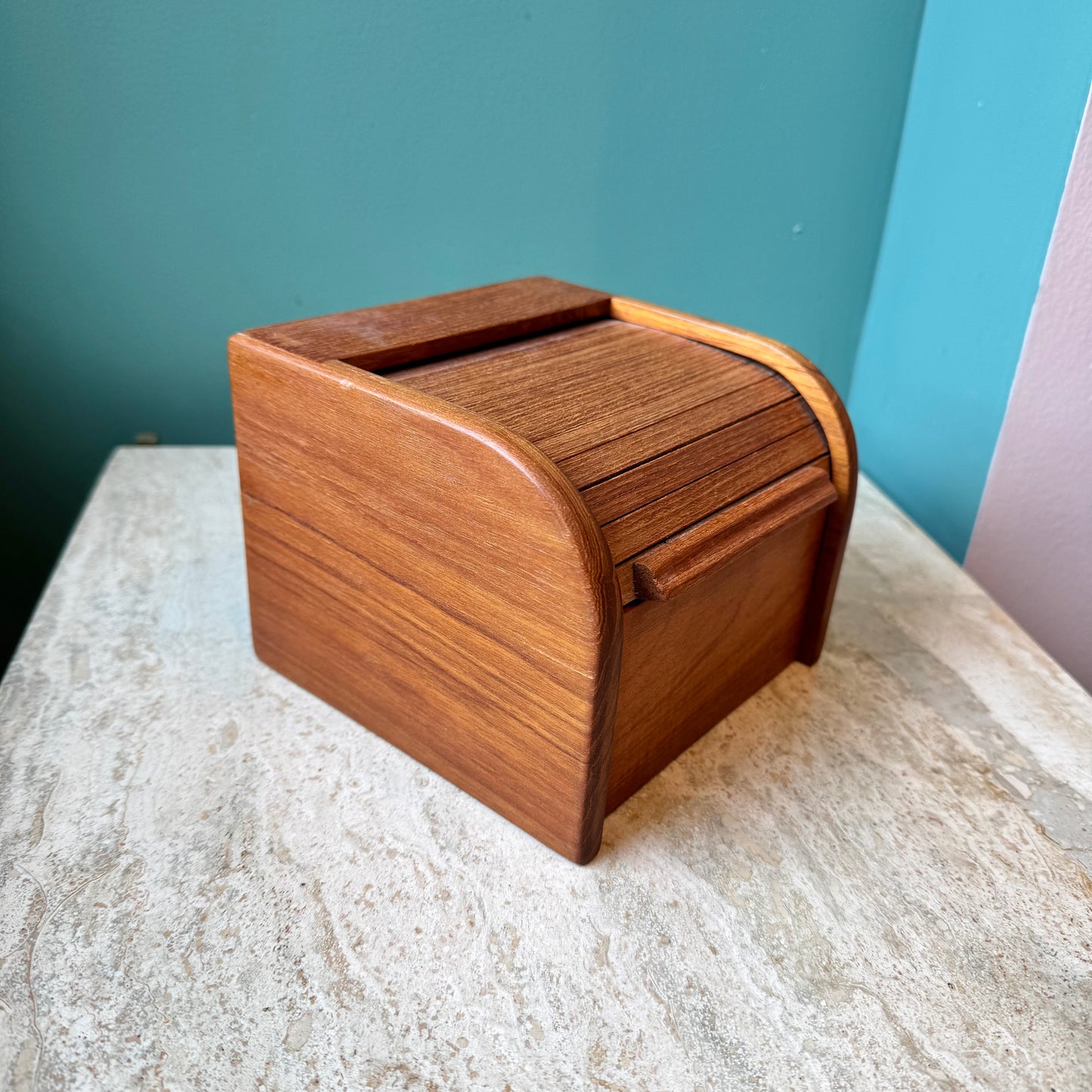 Vintage Teak Roll Top Desk Organizer