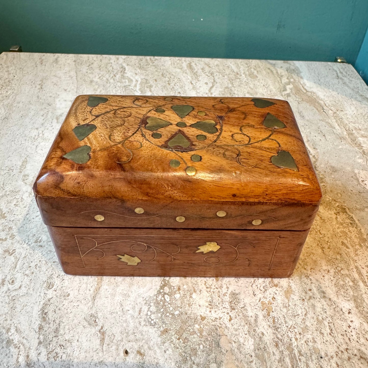 Vintage Wooden Playing Card Box with Brass Heart Inlay and Cards