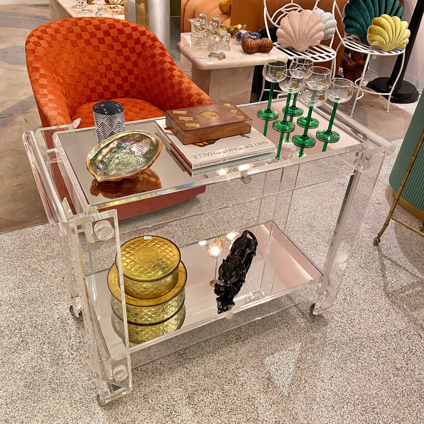 Charles Hollis Jones Style 1980’s Lucite and Mirror 2 Tier Rolling Bar Cart