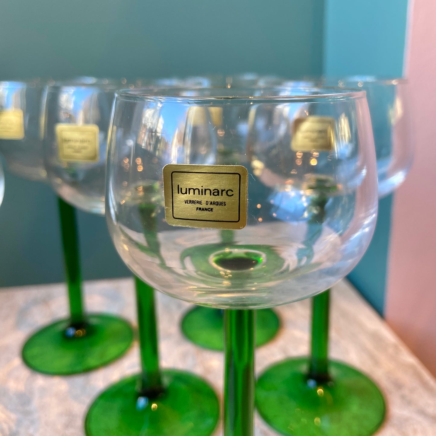 Set of 6 Vintage French Luminarc Green Stem Wine Glasses