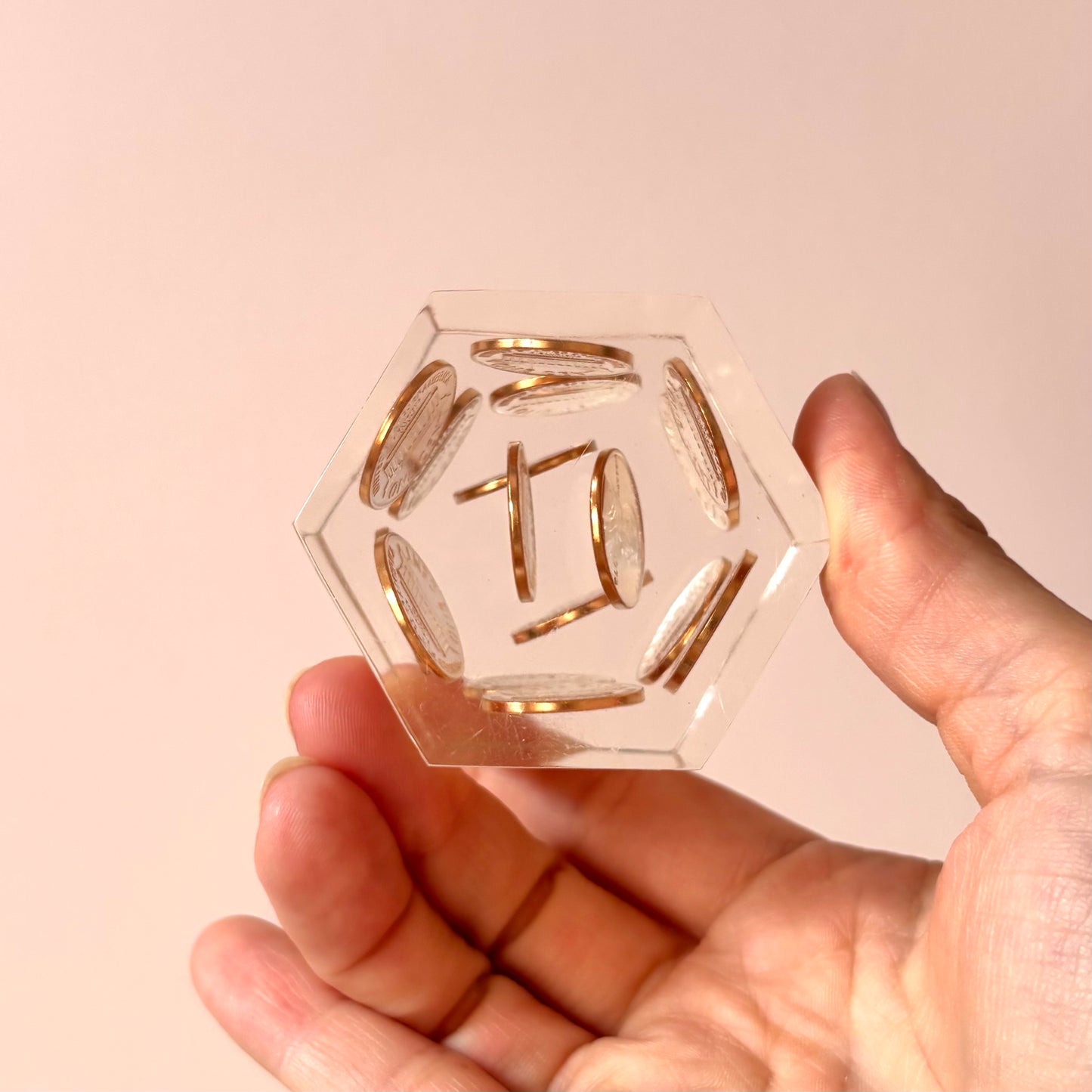 Vintage 1972 Hexagonal Lucite Penny Paperweight