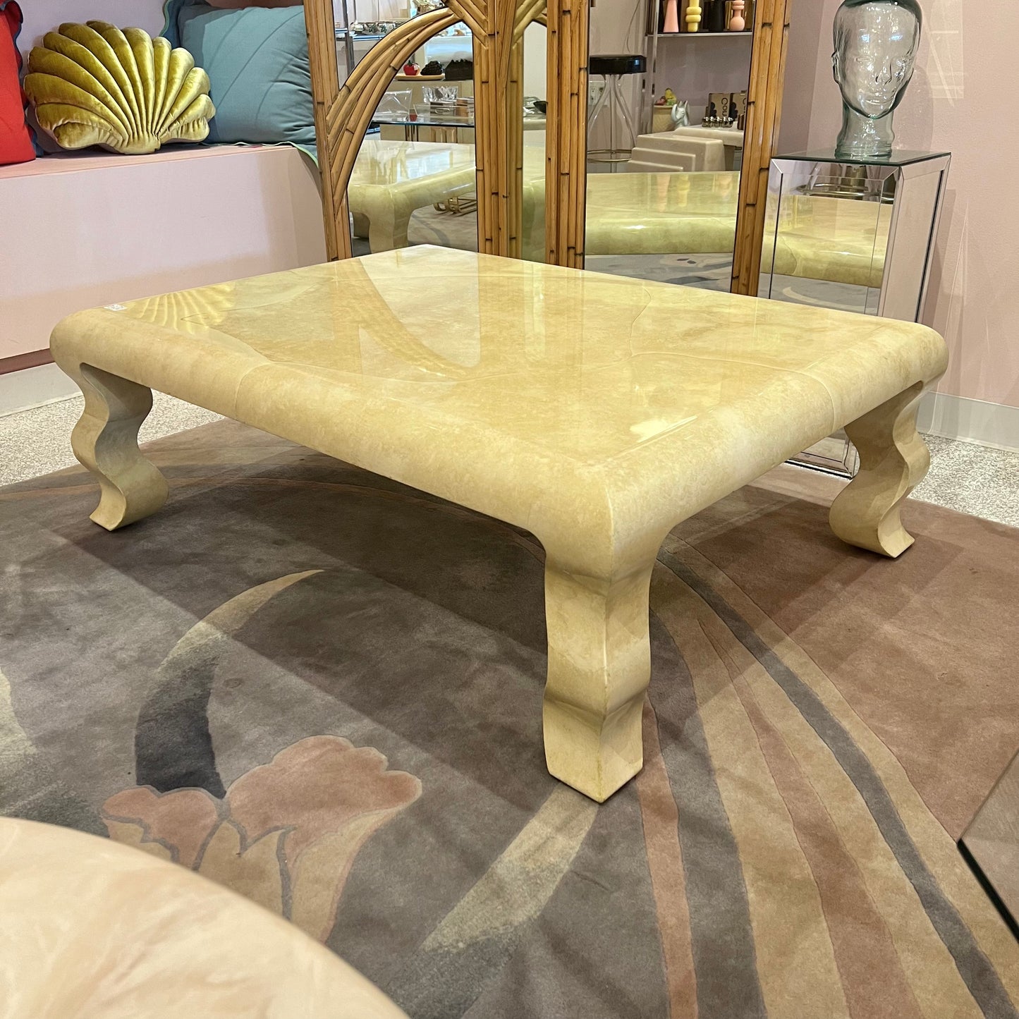 Vintage Faux Goatskin Lacquer Wavy Leg Coffee Table