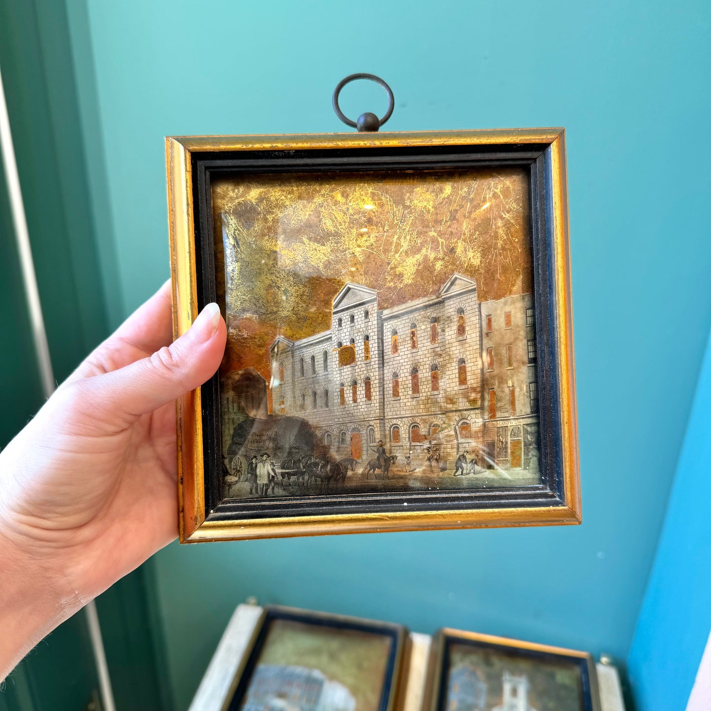 Set of 4 Antique Framed Sungott Decoupage Gold Leaf Convex Glass Artworks
