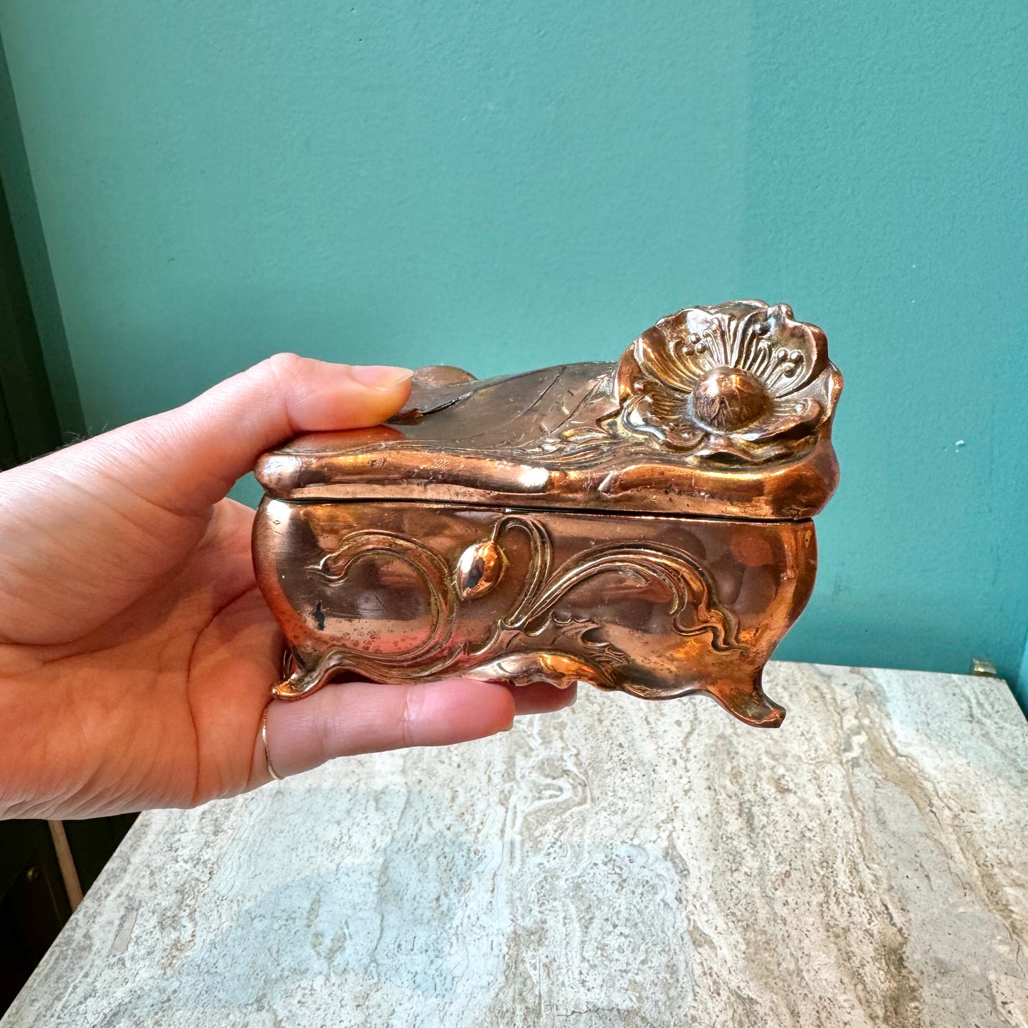 Antique Art Nouveau Copper Jewelry Box by Jennings Brothers