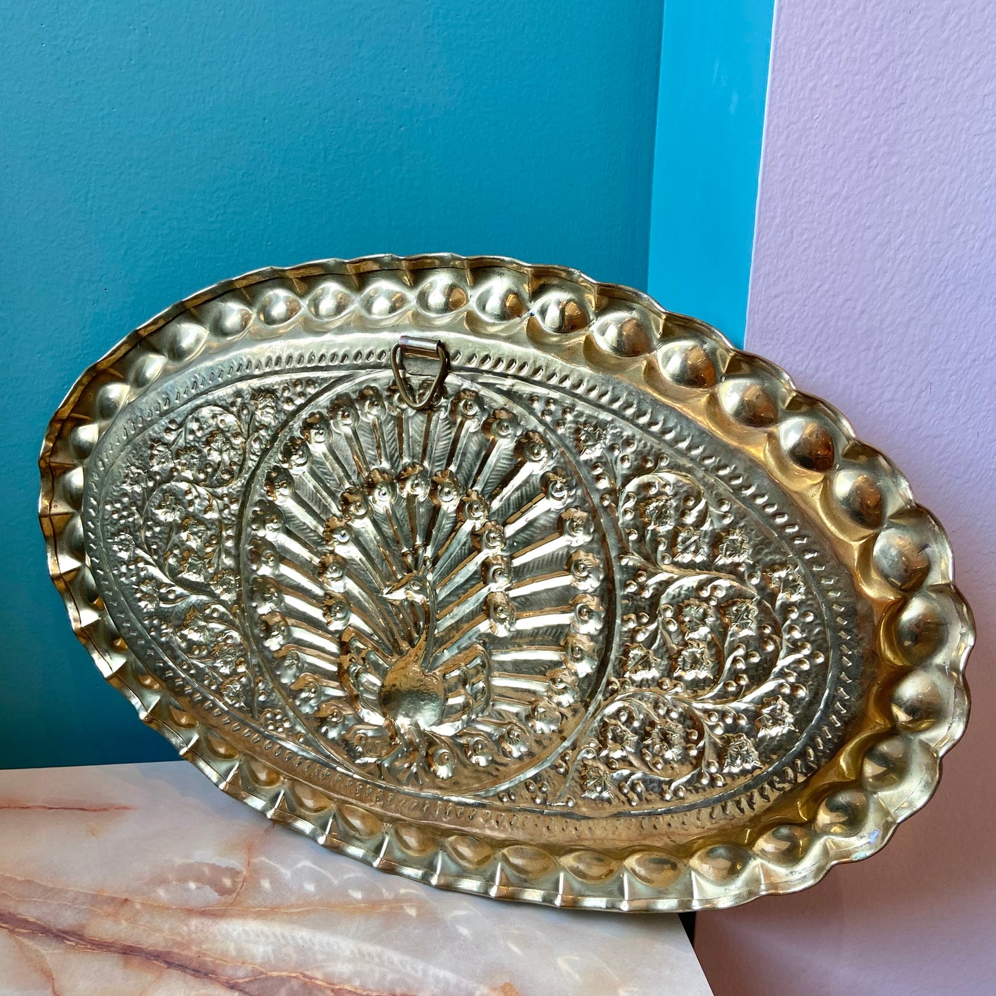 Vintage Brass Peacock Embossed Decorative Tray/Wall Hanging