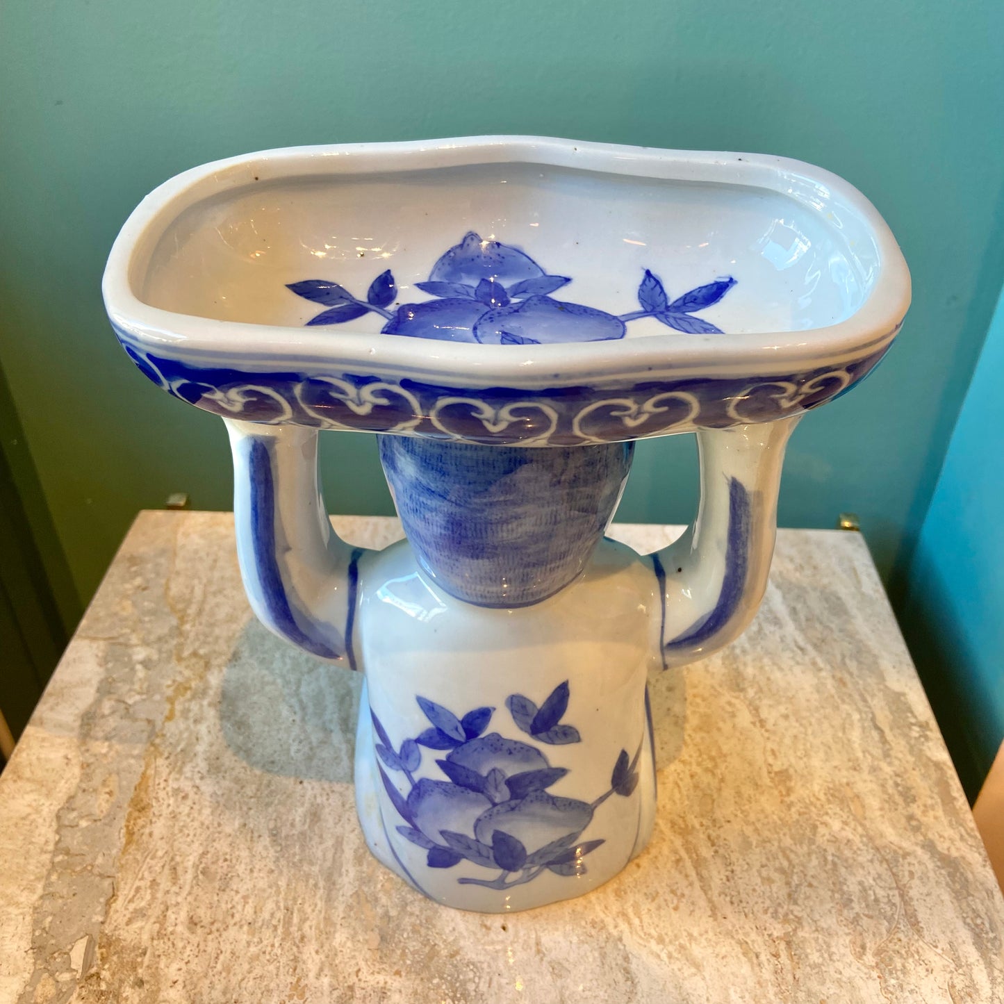 Vintage Chinoiserie Porcelain Monkey Holding a Bowl Statue