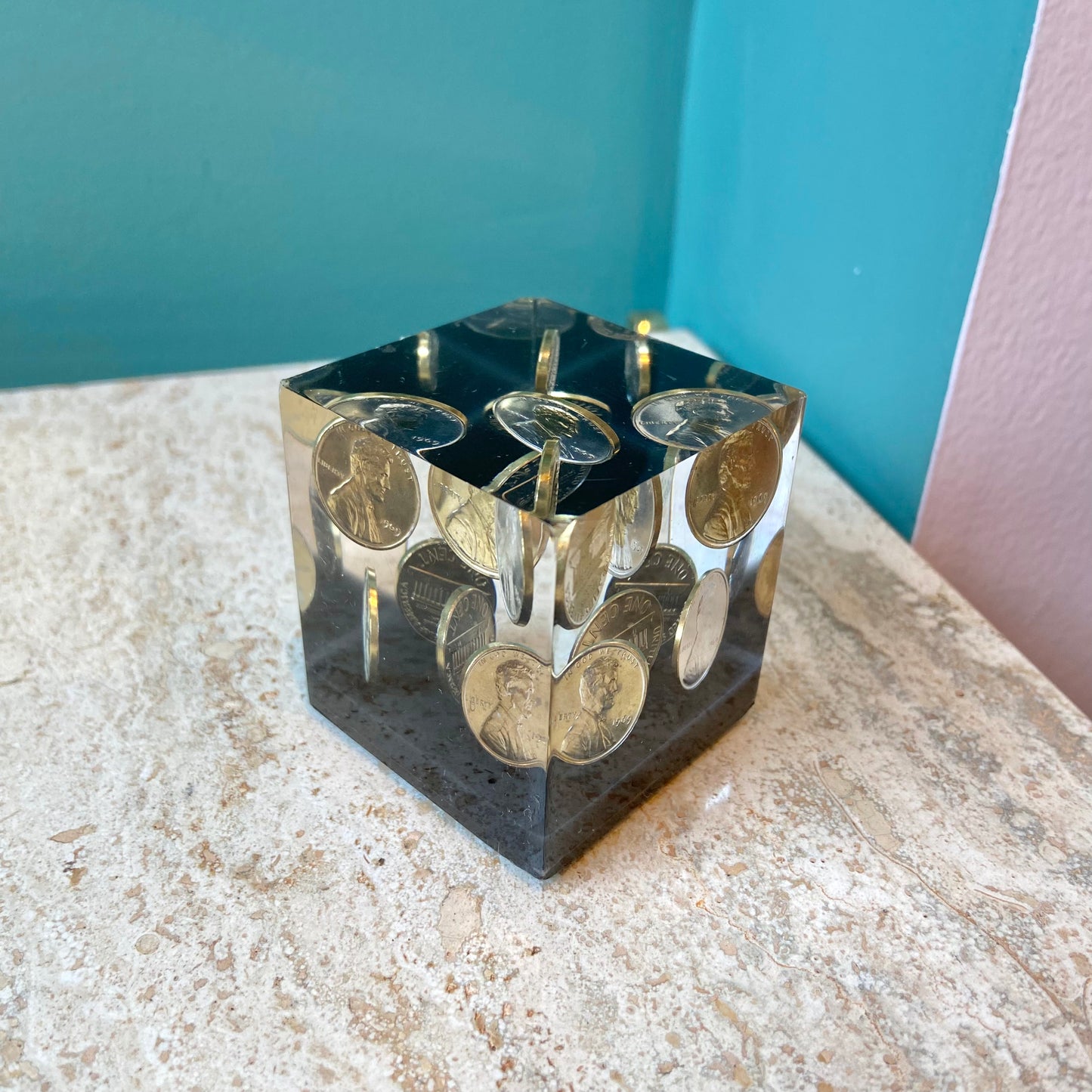 Vintage Lucite 1969 Penny Paperweight