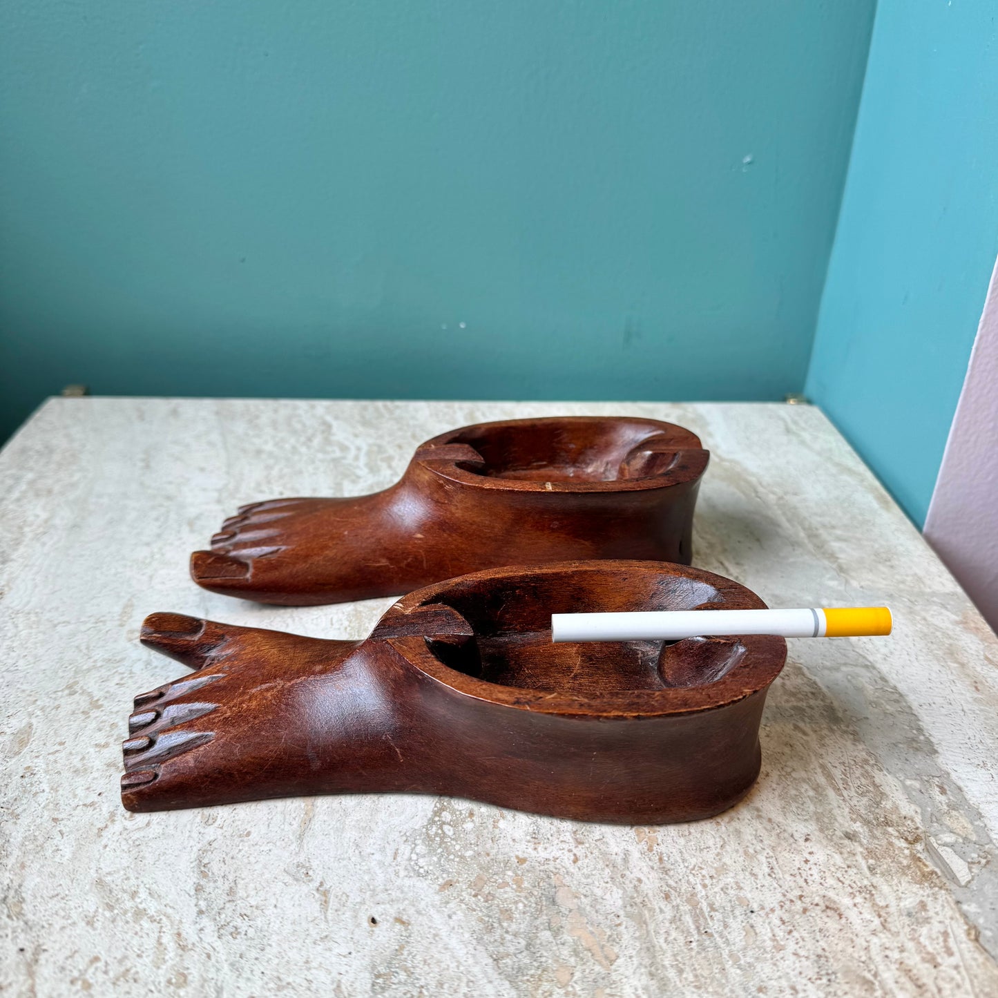Pair of 1970’s Hand Carved Wooden Feet Ashtrays