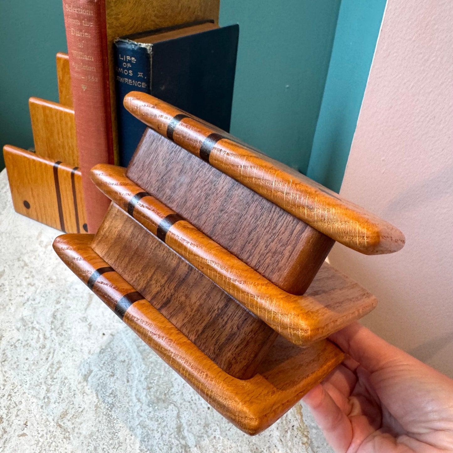 Pair of Mid Century Teak and Walnut Desk Organizer Bookends