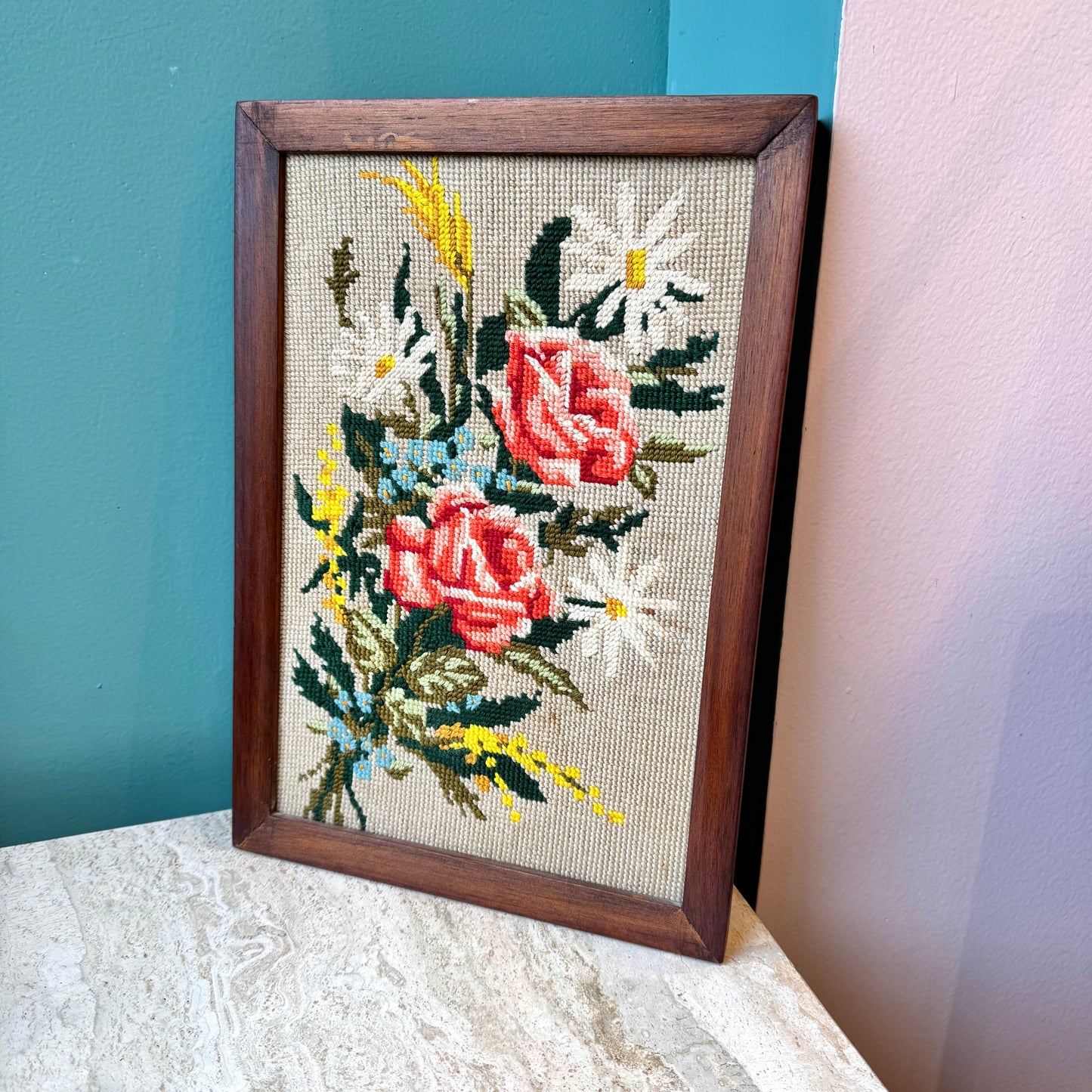 Vintage Framed Flower Needlepoint Artwork