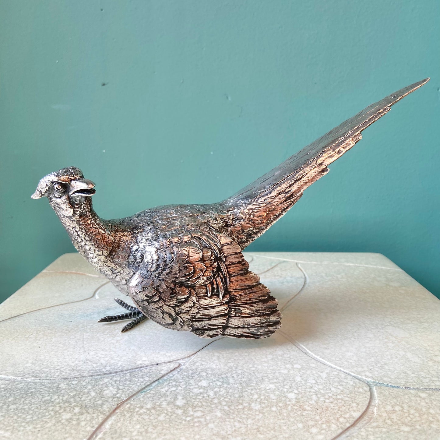 Pair of Antique Silver Plated Pheasant Bird Statues
