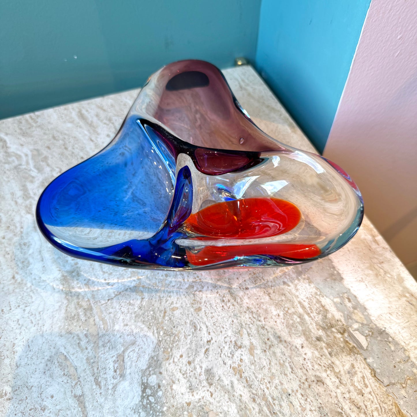 Vintage Hand Blown Three Compartment Art Glass Bowl