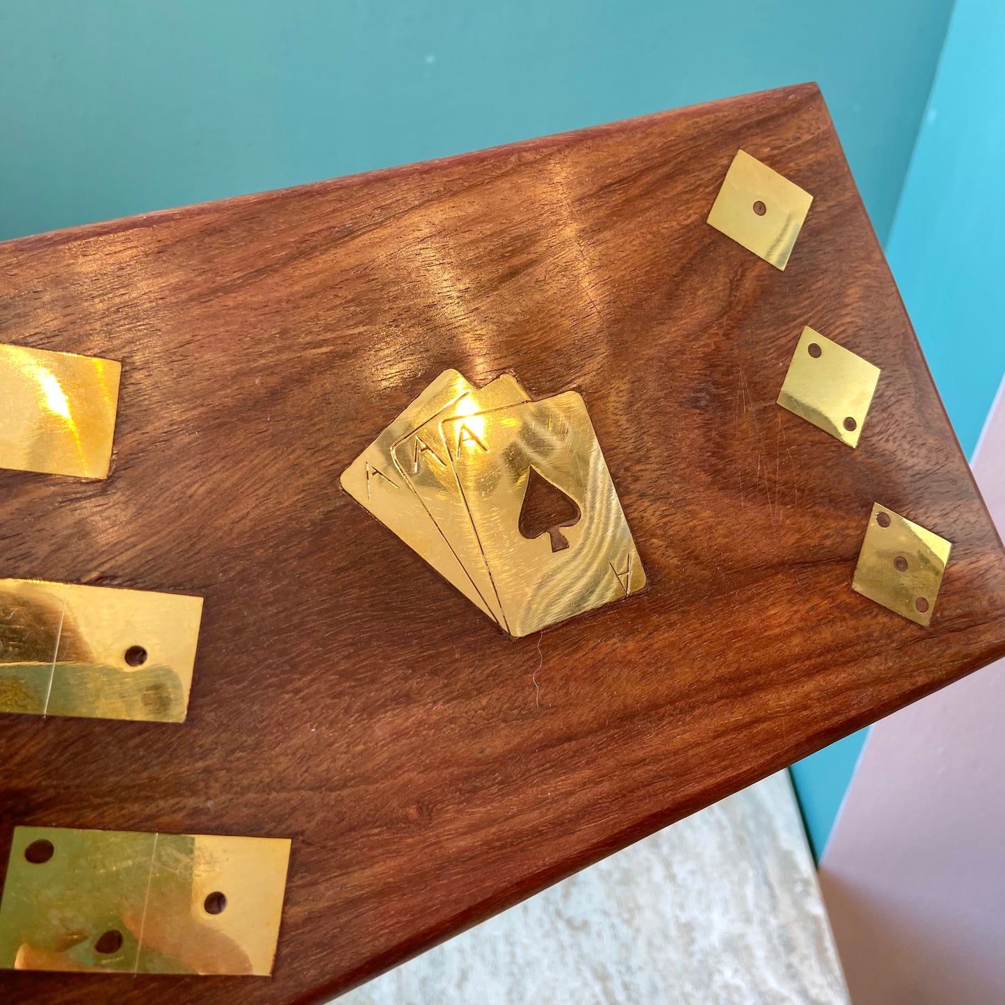 Wood and Brass Game box with Cards, Dice & Dominos