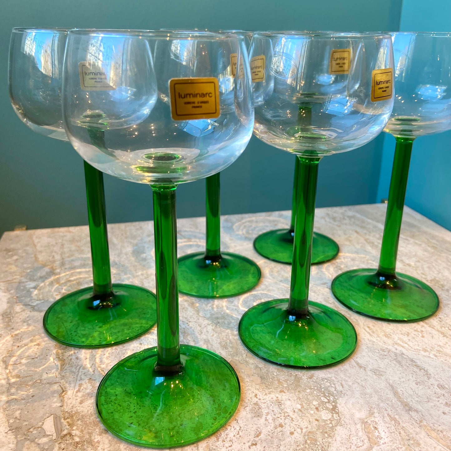 Set of 6 Vintage French Luminarc Green Stem Wine Glasses