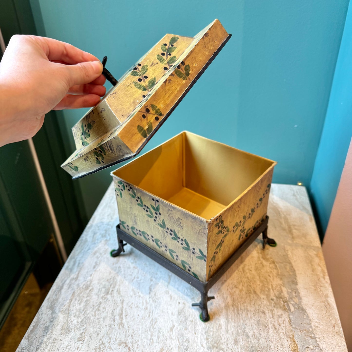 Vintage Hand Painted Berry and Vine Metal Box