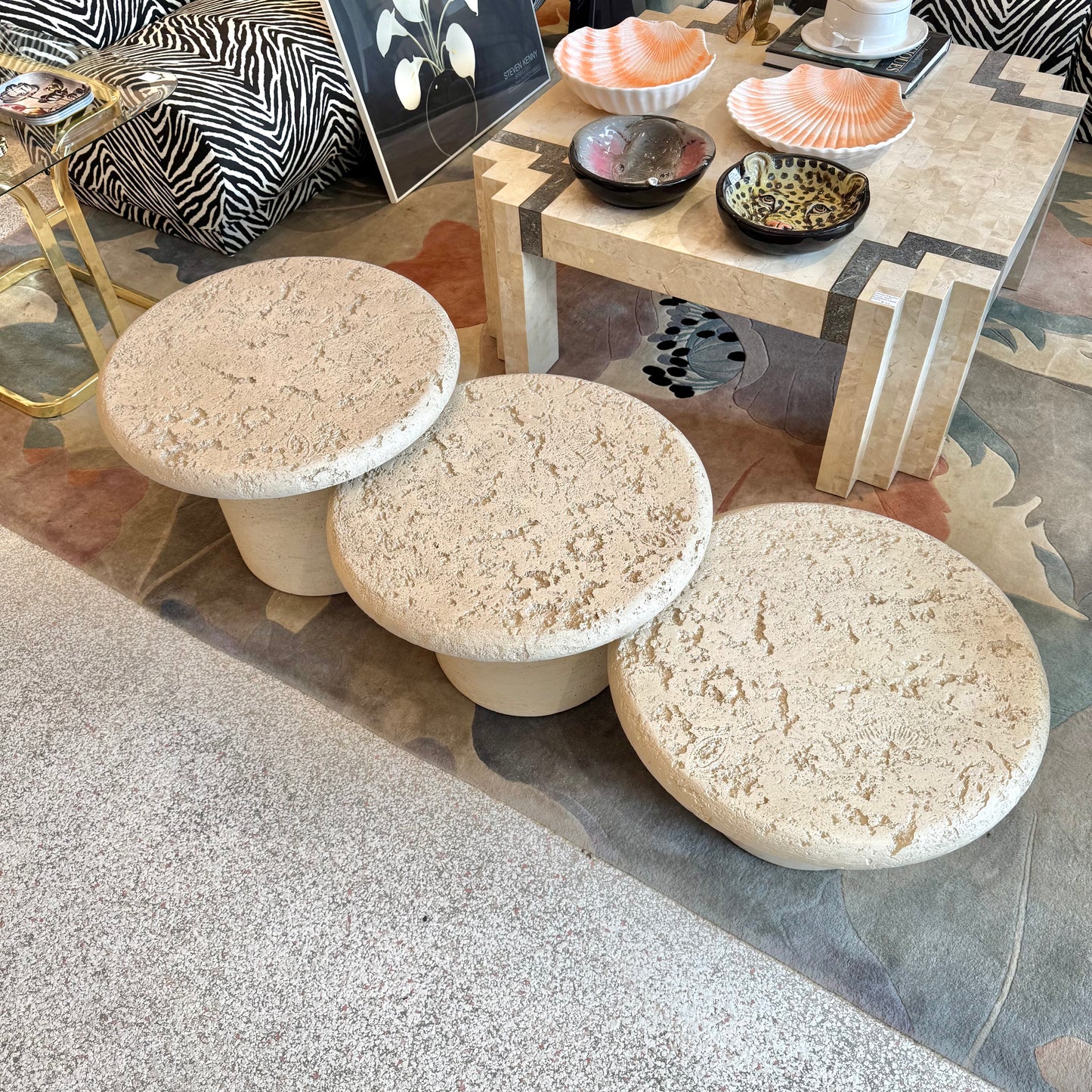 Set of 3 Vintage Faux Travertine Nesting Mushroom Tables