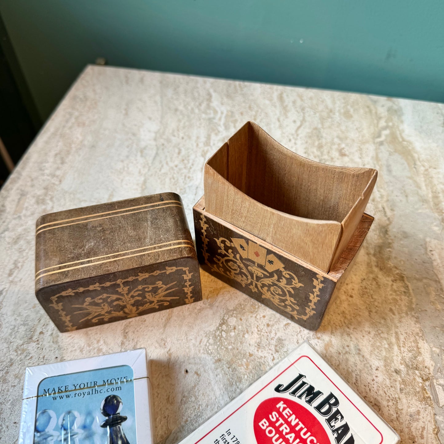 Antique Wooden Playing Card Box with Cards