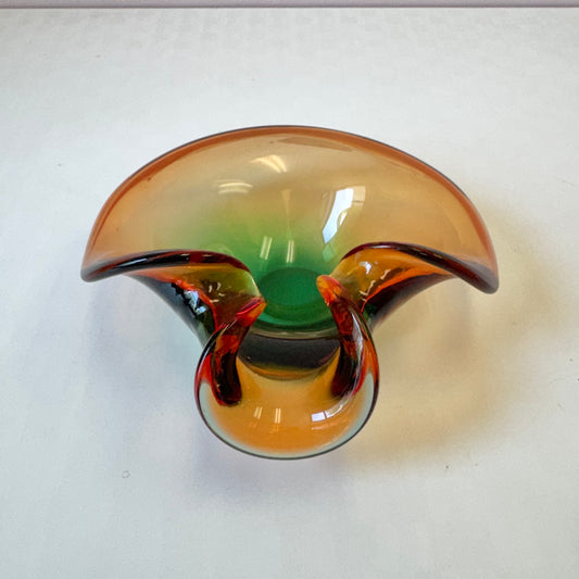 Vintage Murano Glass Style Curled Edge Green and Orange Sommerso Catchall Bowl