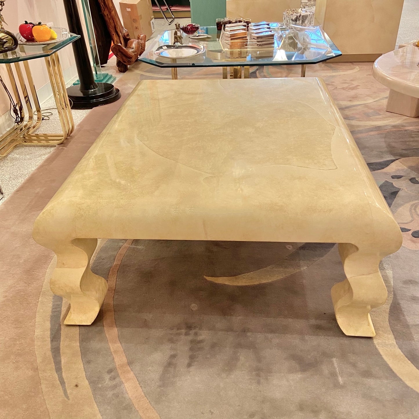 Vintage Faux Goatskin Lacquer Wavy Leg Coffee Table