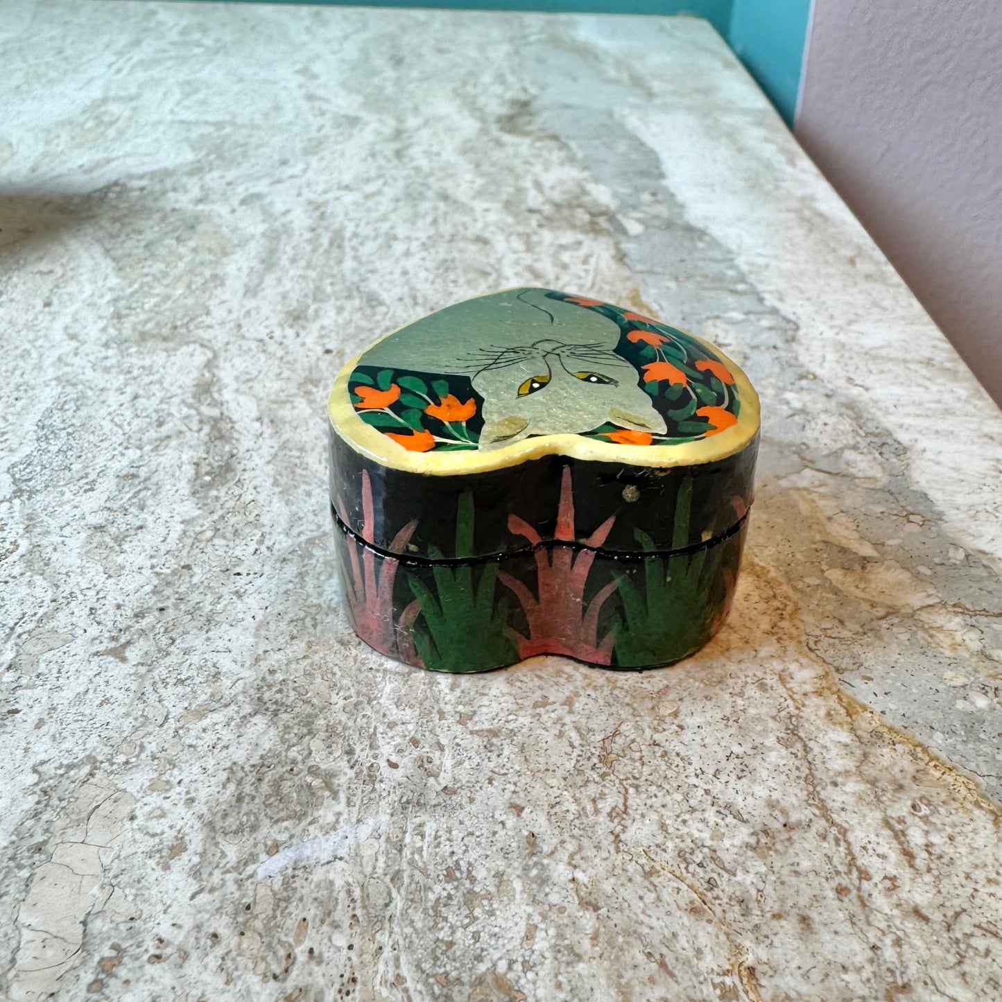 Vintage Hand Painted Cat Heart Box