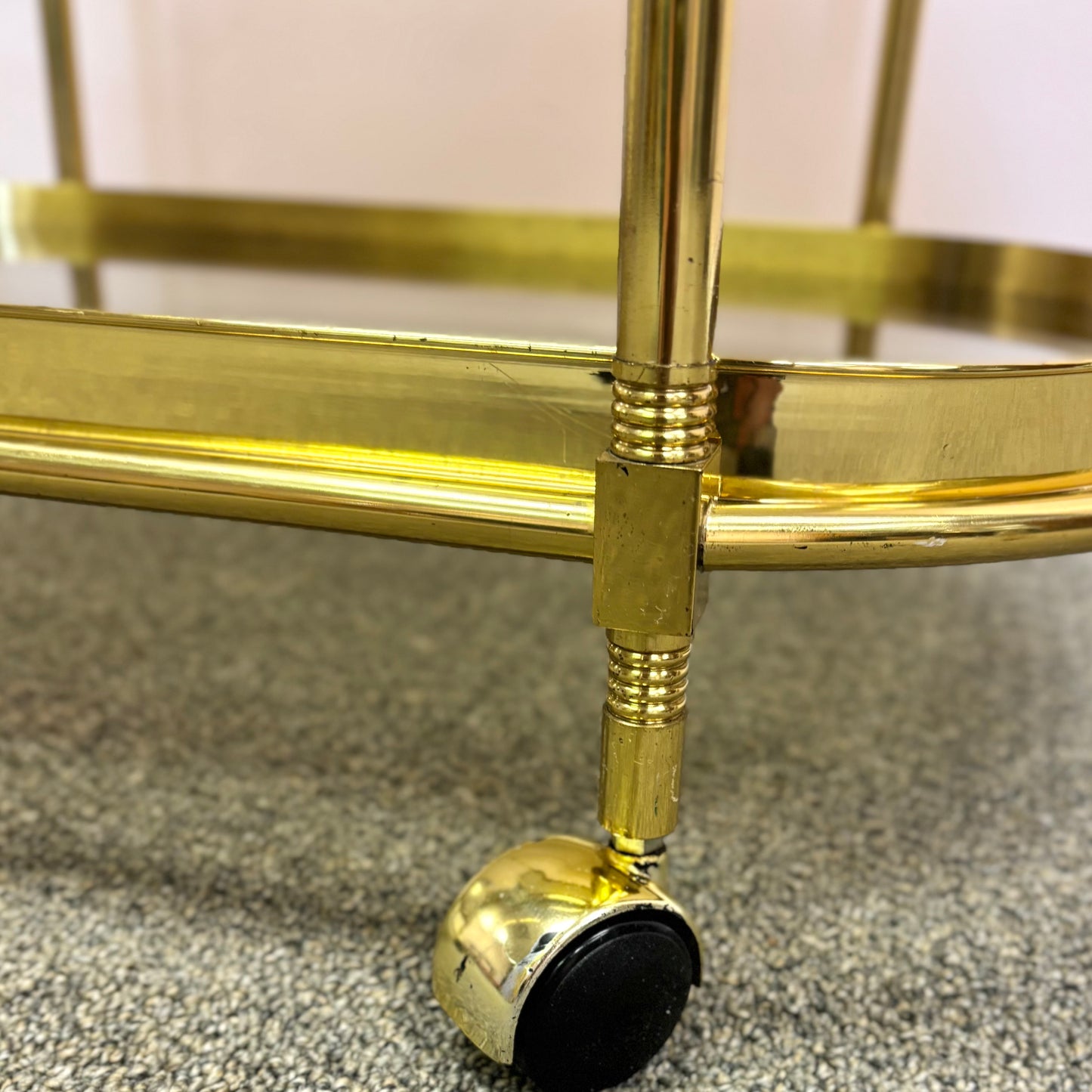 Vintage Oval Brass and Smoked Glass Rolling Bar Cart