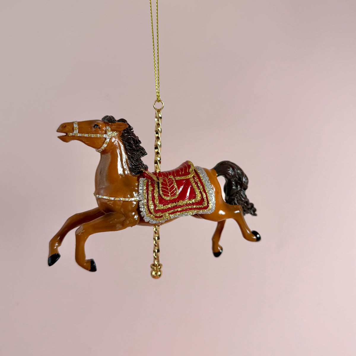 Resin Brown, Red and Silver Carousel Horse Ornament