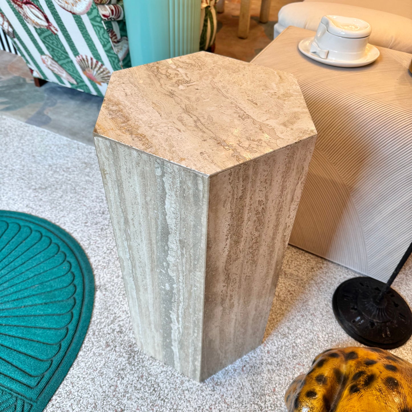 Vintage Hexagonal Travertine Pedestal
