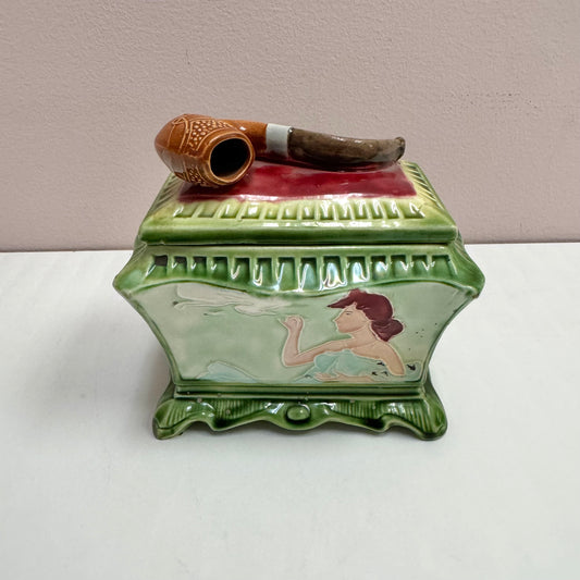 Antique Art Deco Smoking Lady Majolica Pipe Lidded Box