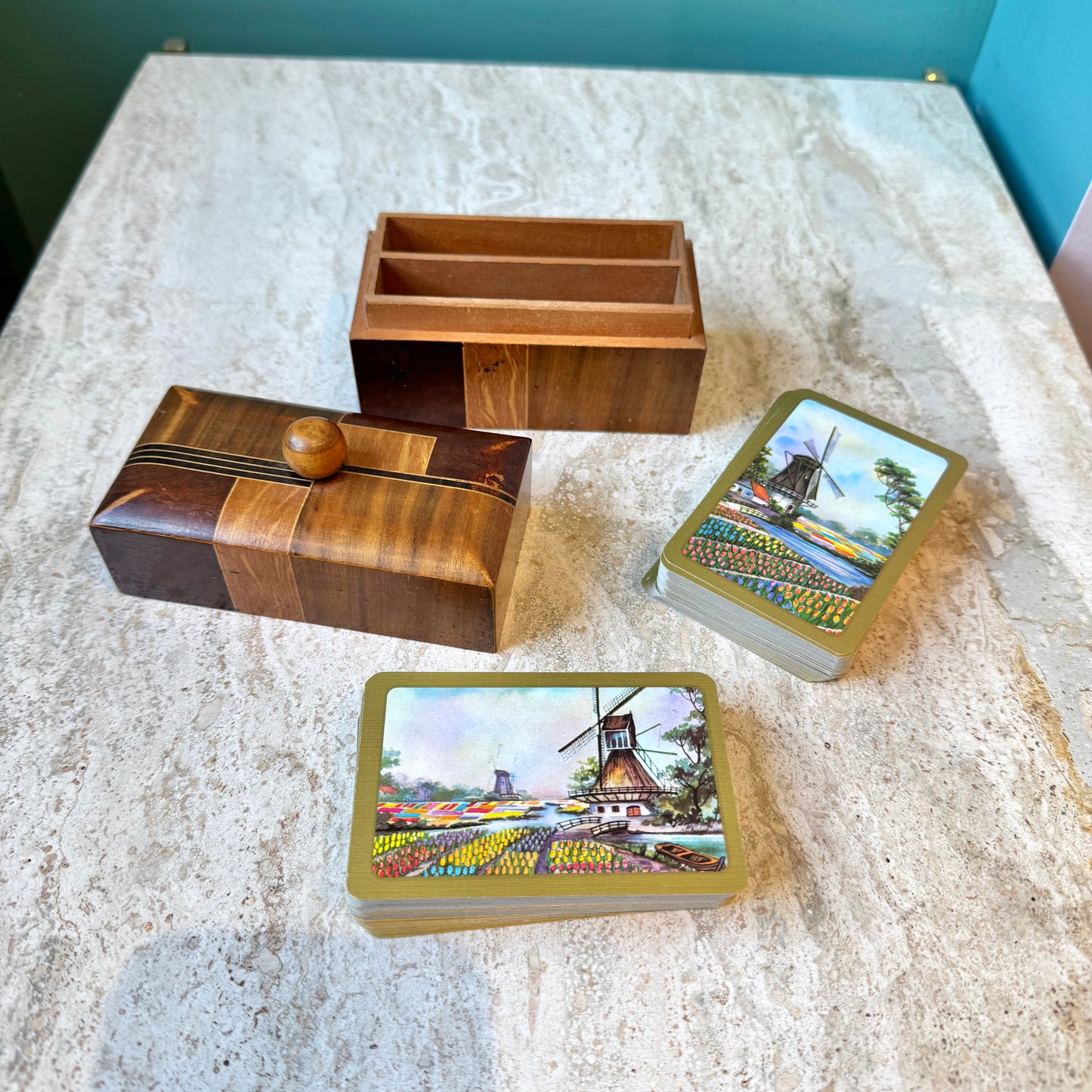 Vintage Wood Inlay Playing Card Box